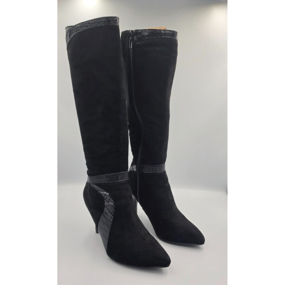 mpo Sheryl Black Knee High Boots Women’s 6M Pointed Toe Stiletto Snake Print